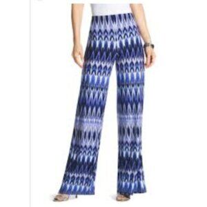 Chicos 2 Womens Blue & White Ikat Print Pull-On Wide-Leg Pants Size Large knit